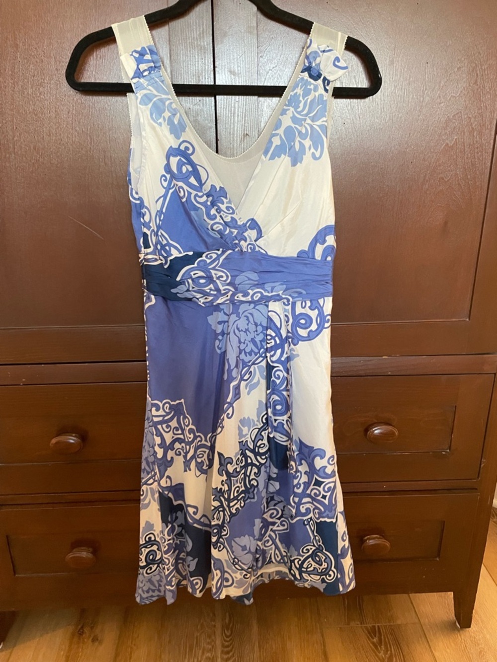 T.J.Maxx Blue and White Printed V-Neck Midi Dress